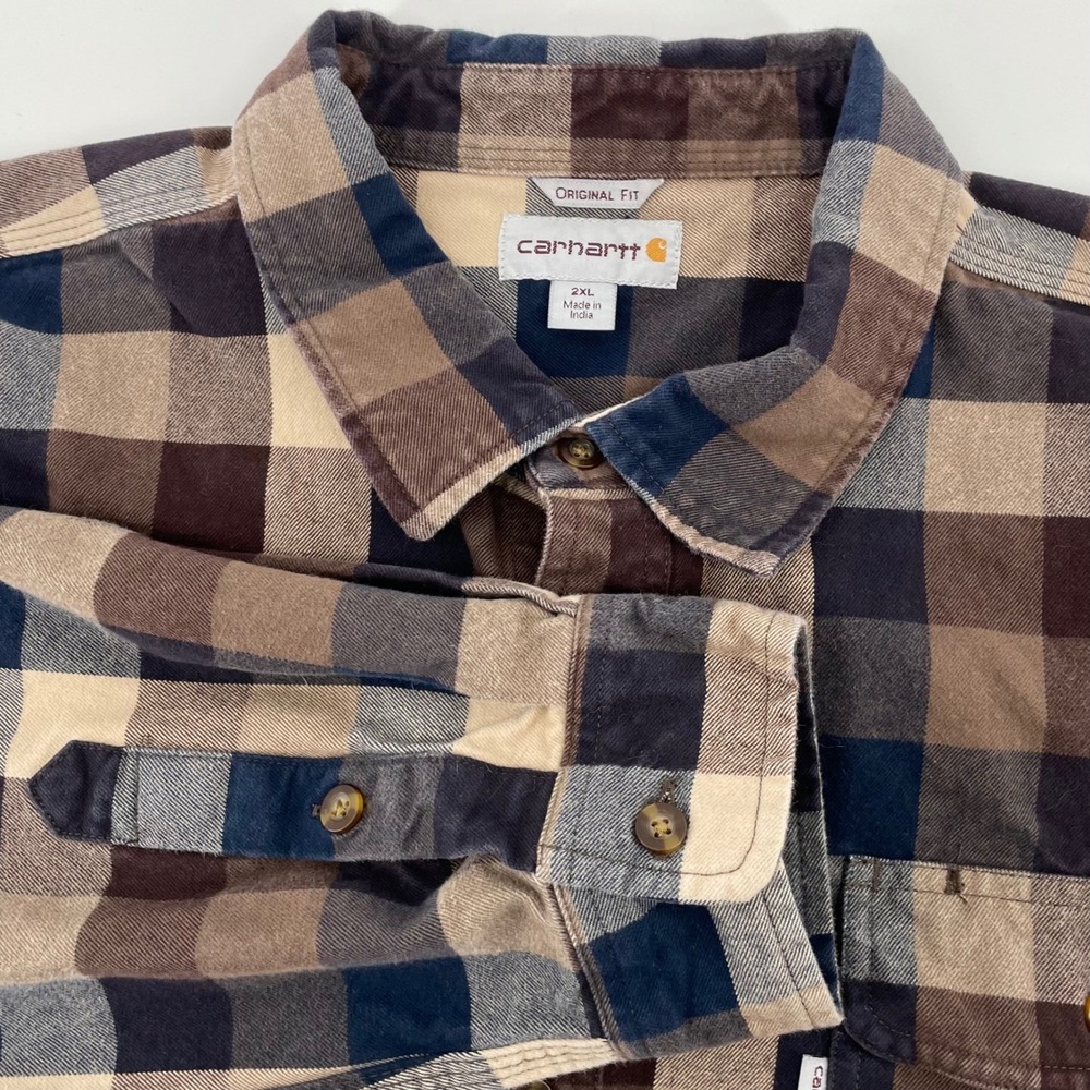 Carhartt Men's 2XL Original Fit Plaid Flannel Shirt Brown Navy Blue Thick